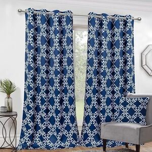 Blue Geometric Pattern Curtains 2 Window Panels 52x84 inches Navy Blue & White